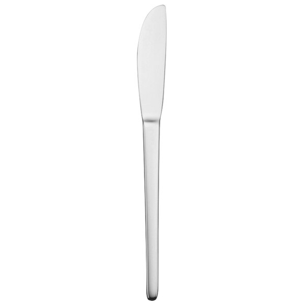 A Oneida stainless steel butter knife with a silver handle and black border.