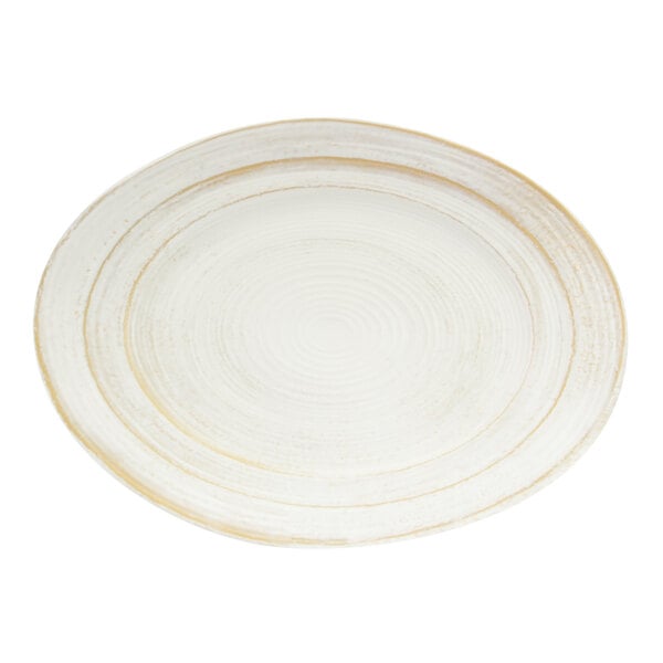 A white Elite Global Solutions irregular oval serving dish with a gold rim.