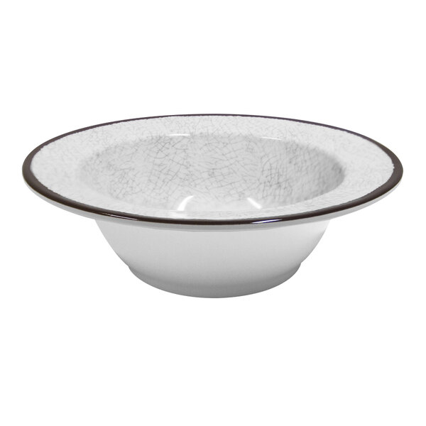 A white bowl with black rim.