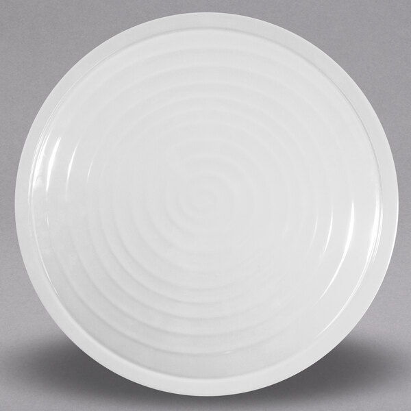 A white Elite Global Solutions melamine plate with a spiral pattern.