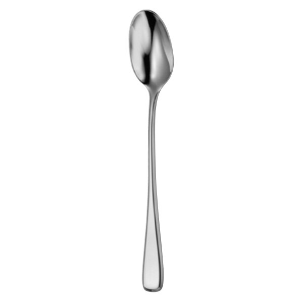 A close-up of a Oneida Perimeter stainless steel iced tea spoon. The handle is silver and the spoon is stainless steel.