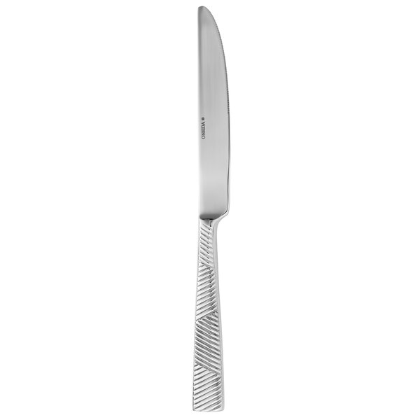 An Oneida Cheviot stainless steel dessert knife with a silver handle.