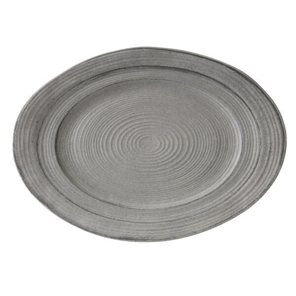 A gray Elite Global Solutions irregular oval serving dish with a spiral pattern.