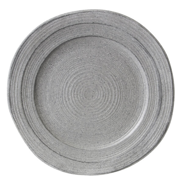 A gray Elite Global Solutions Della Terra melamine plate with a spiral design on it.