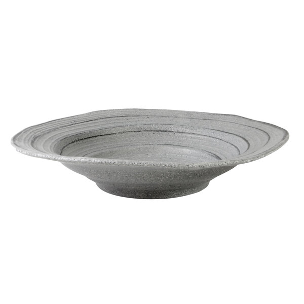 A grey Della Terra melamine bowl with a curved edge and a white rim.