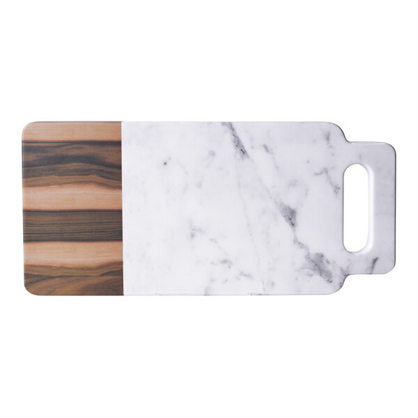 A white melamine rectangular serving board with faux wood and marble finishes and a silver handle.