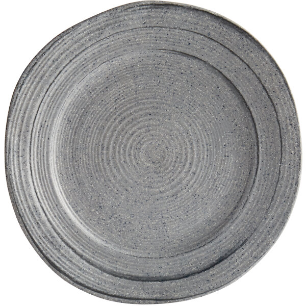 A grey Elite Global Solutions Della Terra melamine plate with a spiral pattern.