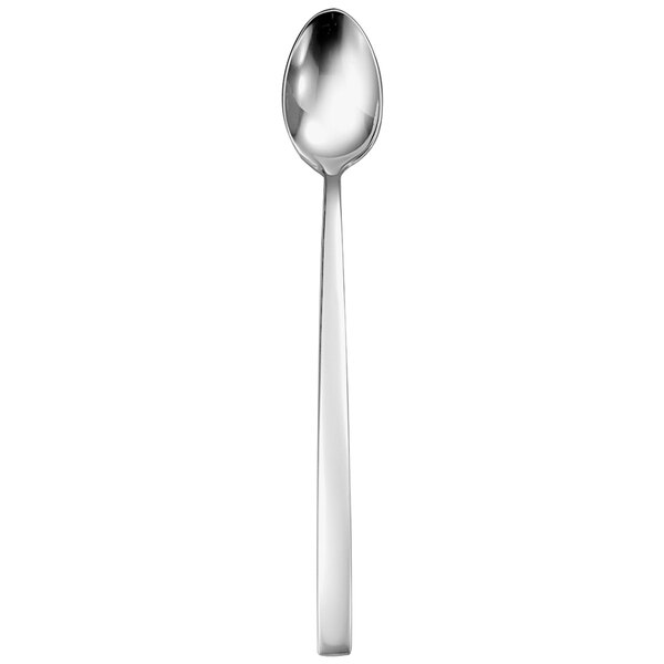 A silver spoon with a long handle.
