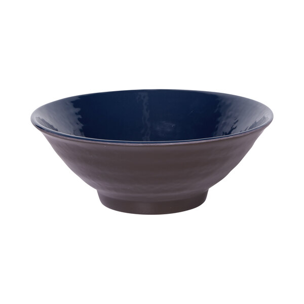 An Elite Global Solutions Durango melamine bowl with a dark blue rim and dark brown base.