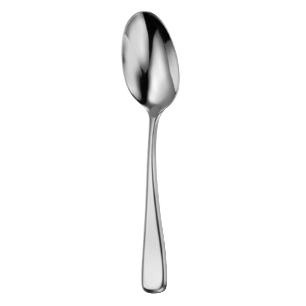 An Oneida Perimeter stainless steel dessert spoon with a long curved handle.