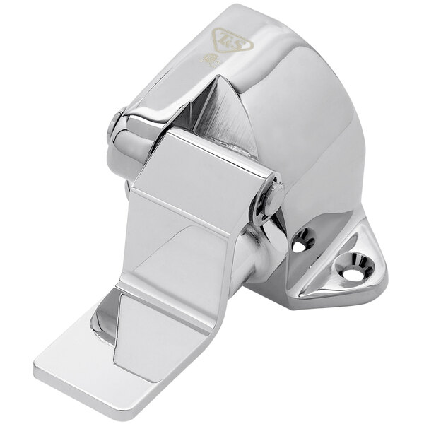 A chrome metal T&S floor mounted foot pedal valve with a white background.