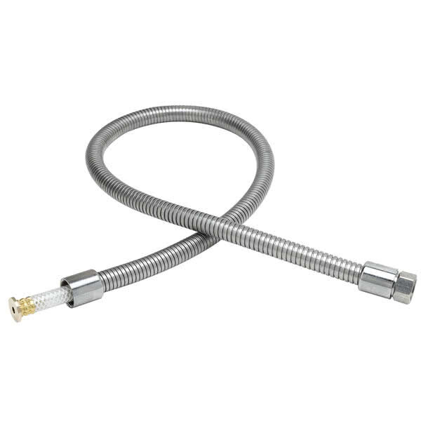 A T&S stainless steel flexible metal hose with nuts.