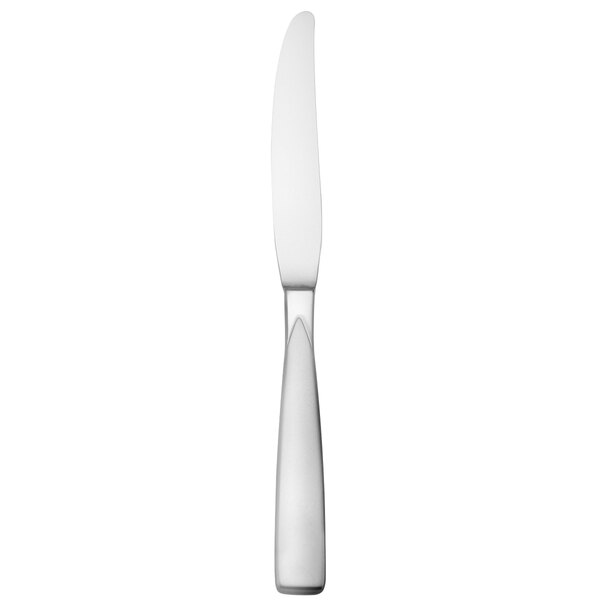 A Oneida Stiletto stainless steel dinner knife with a silver handle.