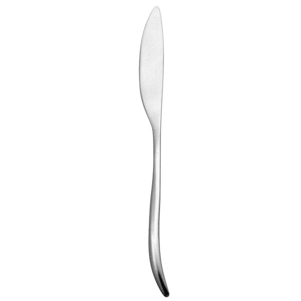 A close-up of a Oneida Sestina stainless steel butter knife with a white handle and black border.