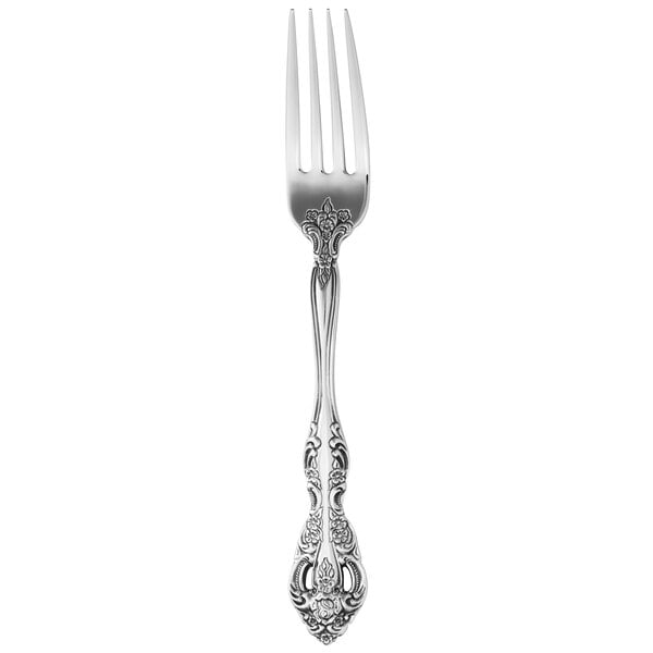 A Oneida Michelangelo stainless steel dinner fork with a silver handle and a design.