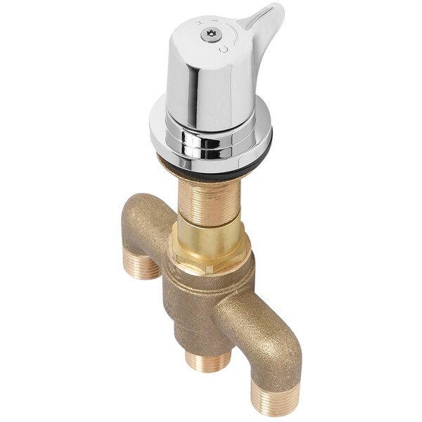 A T&S brass and chrome thermostatic mixing valve above a white background.