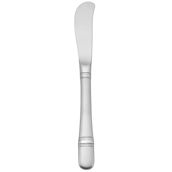 A Oneida Satin Astragal stainless steel butter spreader with a silver handle.