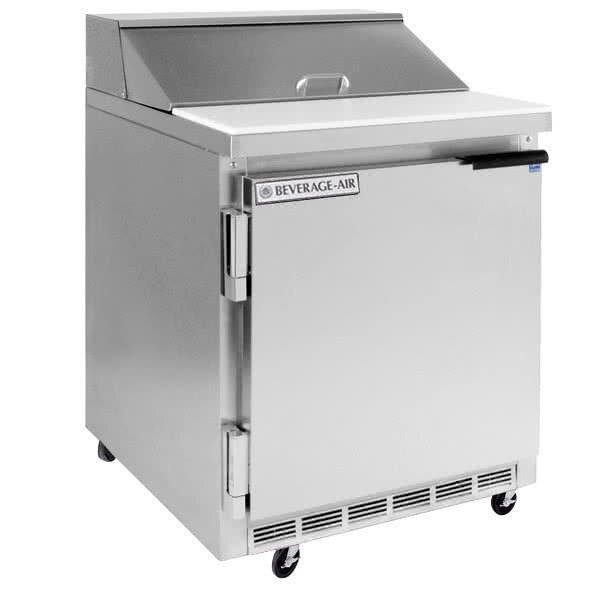 A Beverage-Air stainless steel refrigerator with a left hinged door on wheels.