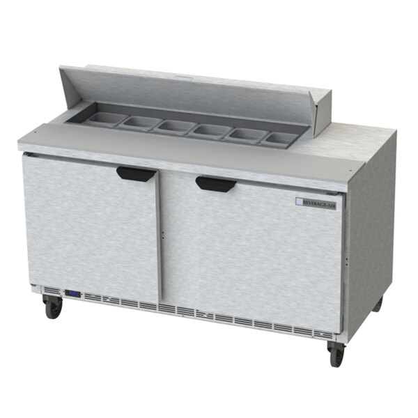 A Beverage-Air refrigerated sandwich prep table with two doors.