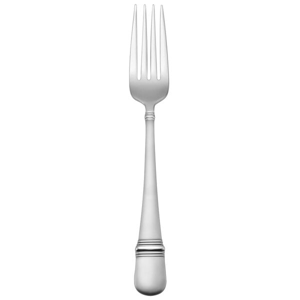 An Oneida Satin Astragal stainless steel table fork with a silver handle and black stripes.