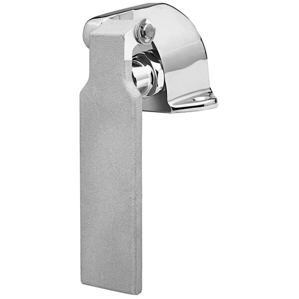 A chrome metal T&S pedal valve with a handle.