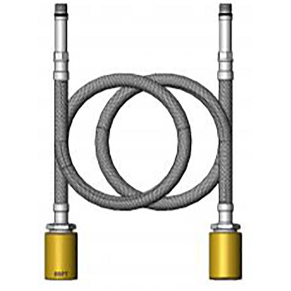 A pair of T&S stainless steel faucet supply hoses with yellow and silver connections.