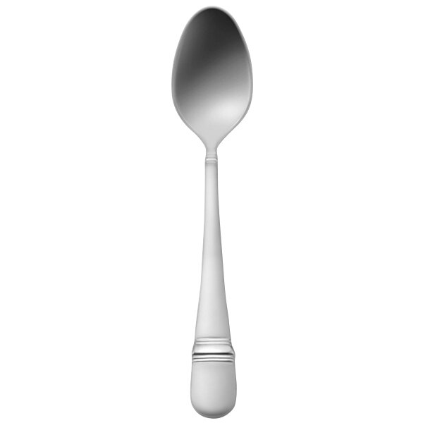 A close-up of a Oneida Satin Astragal stainless steel demitasse spoon with a white handle.