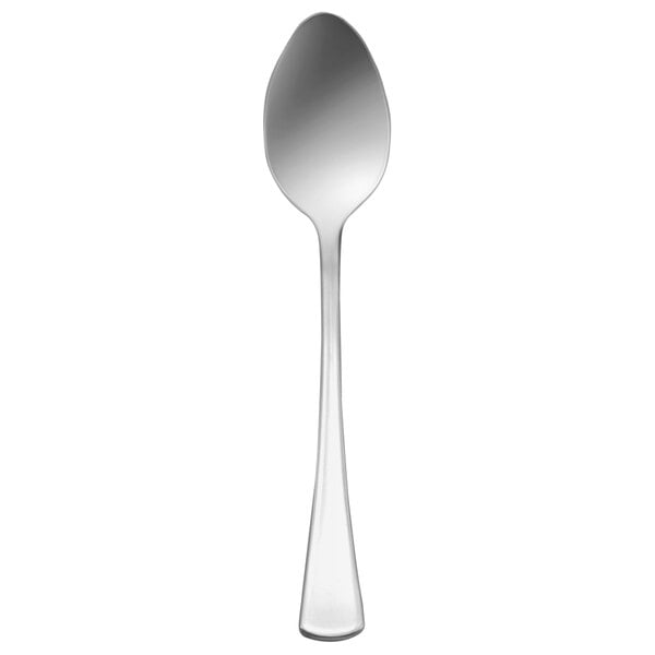 A Oneida Lonsdale stainless steel oval bowl spoon with a white handle on a white background.
