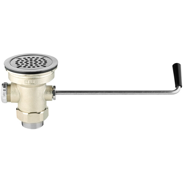 A T&S stainless steel waste valve with a long twist handle.