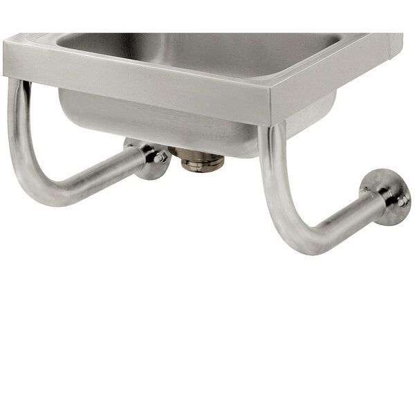 A stainless steel Advance Tabco tubular wall support for a sink on a counter.
