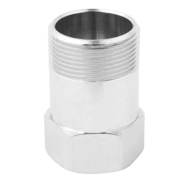 A T&S stainless steel swivel to swivel adapter with a nut on a metal pipe.