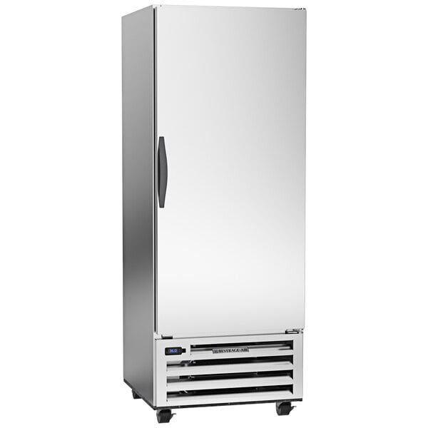 A silver Beverage-Air reach-in refrigerator with a black handle.