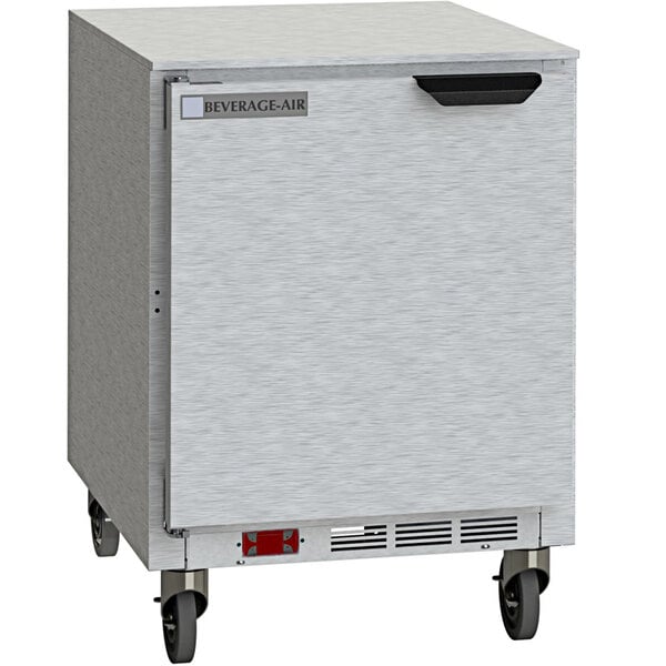 A Beverage-Air stainless steel undercounter refrigerator on wheels.