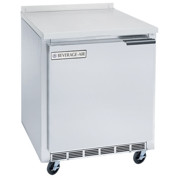 A white Beverage-Air worktop freezer with a left hinge door.