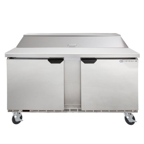 A large silver stainless steel Beverage-Air refrigerator with two doors.