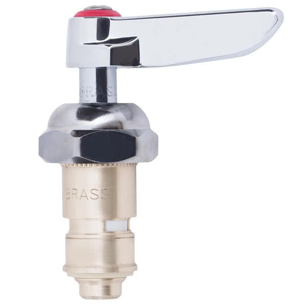 A T&S Cerama water valve cartridge with a red and brass lever and red index.