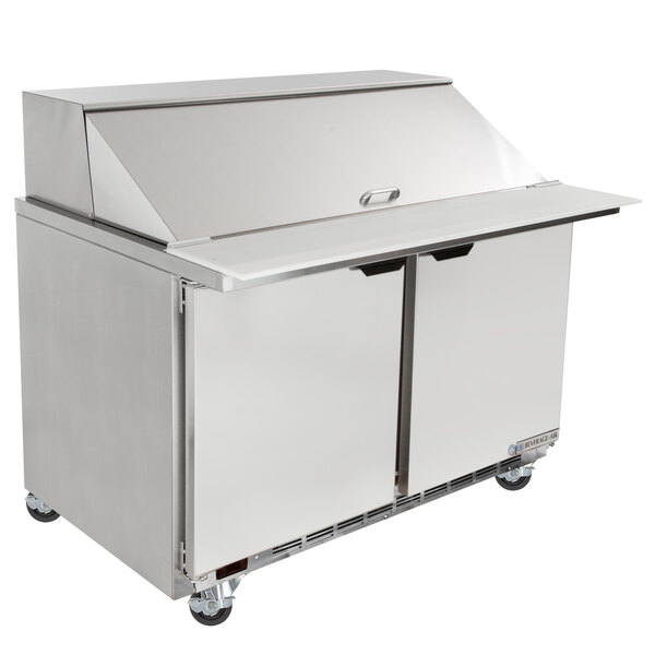 A Beverage-Air stainless steel refrigerator with two doors and a drawer above.