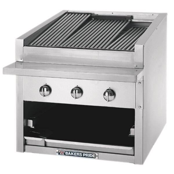 A stainless steel Bakers Pride charbroiler with two burners.