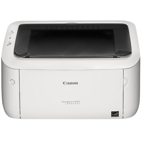 A white Canon imageClass LBP6030w wireless printer with a black surface and lid.