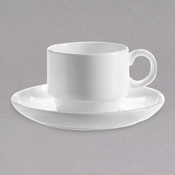 A white Chef & Sommelier coffee cup and saucer.
