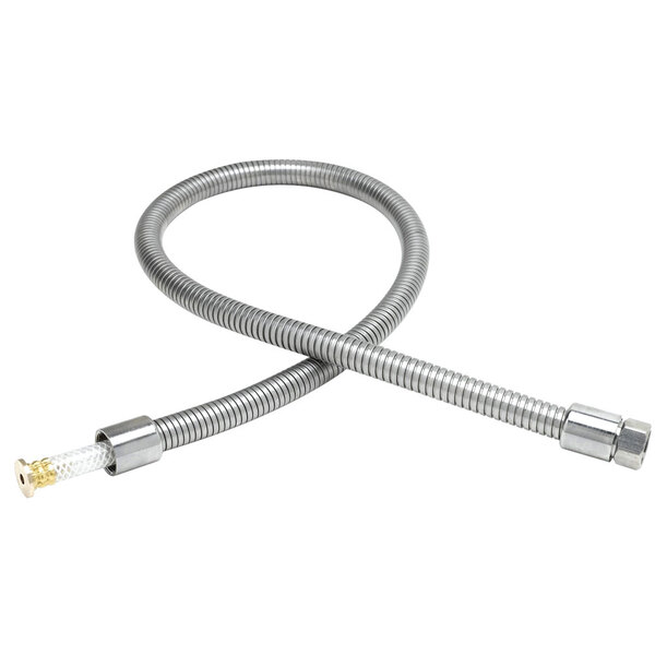 A T&S stainless steel flexible metal hose with metal connectors.