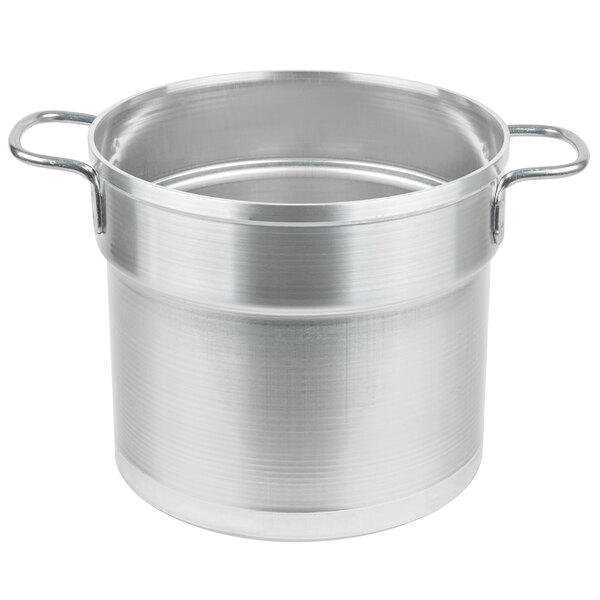 An aluminum Vollrath inset for a double boiler with two handles.
