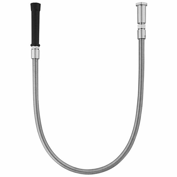 A Equip by T&amp;S stainless steel hose with a black handle.