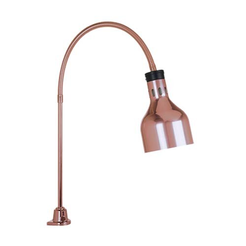 A copper Cres Cor countertop heat lamp with a curved neck and black shade.