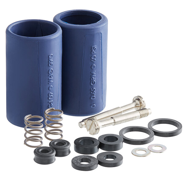 A blue container with T&S EB-10K-C parts inside, including rubber seals and metal springs.