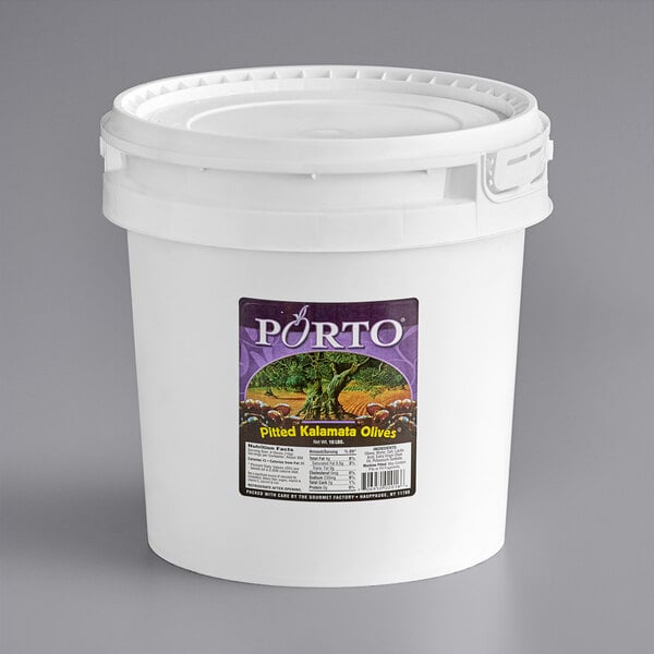 A white bucket of 10 lb. Pitted Kalamata Olives with a label.