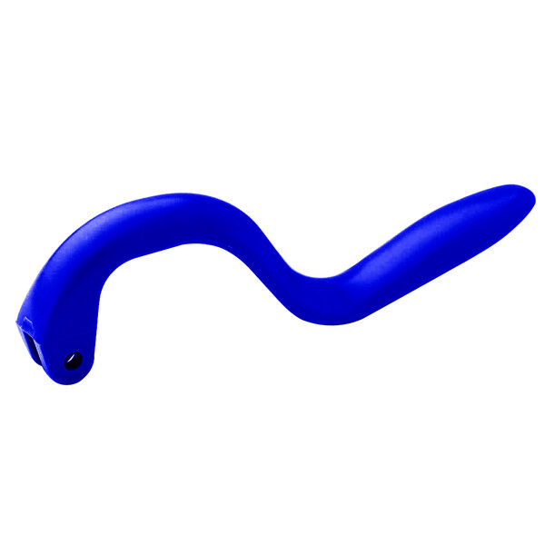 A blue plastic T&S squeeze handle with a notch.