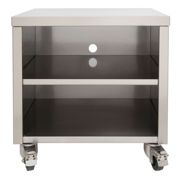A stainless steel Sammic equipment stand with wheels.