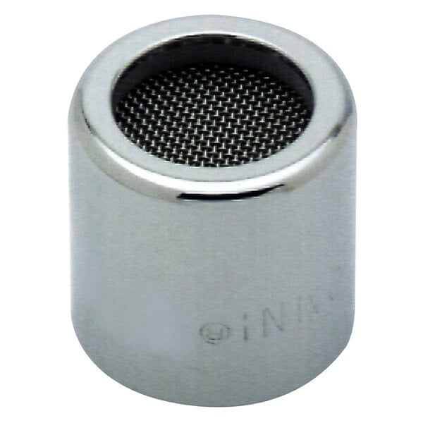 A close-up of a T&S inox stainless steel round metal object with a mesh.