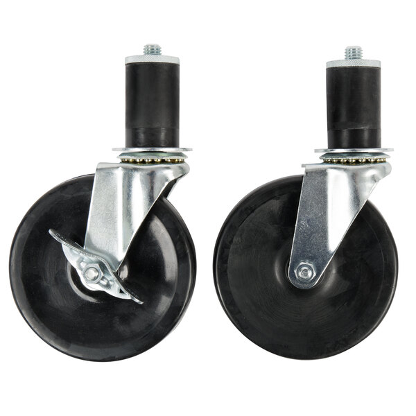 A pair of Advance Tabco black rubber casters with wheels.